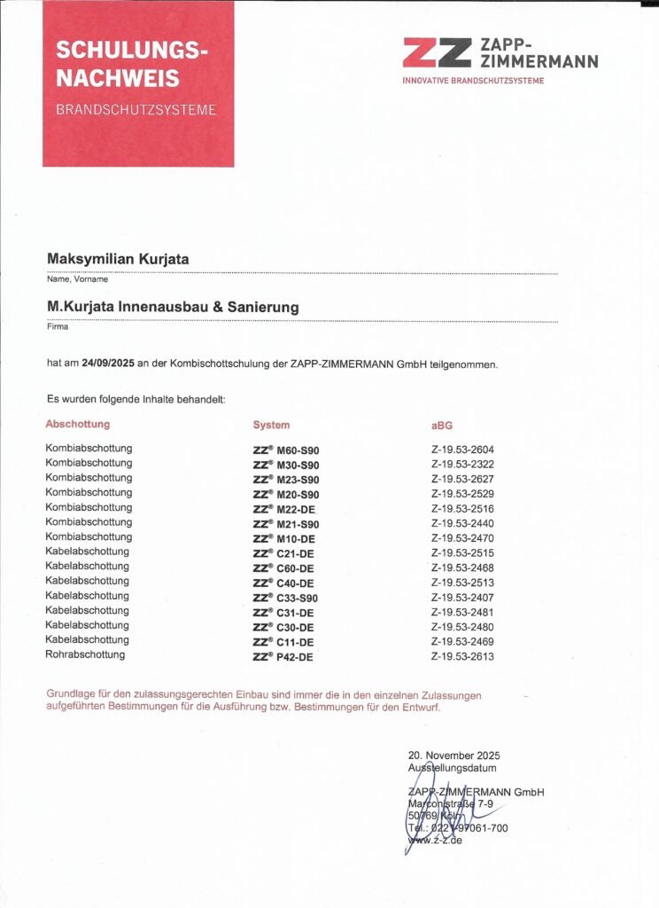 Zertifikat für baulichen Brandschutz Mannheim von Zapp-Zimmermann
